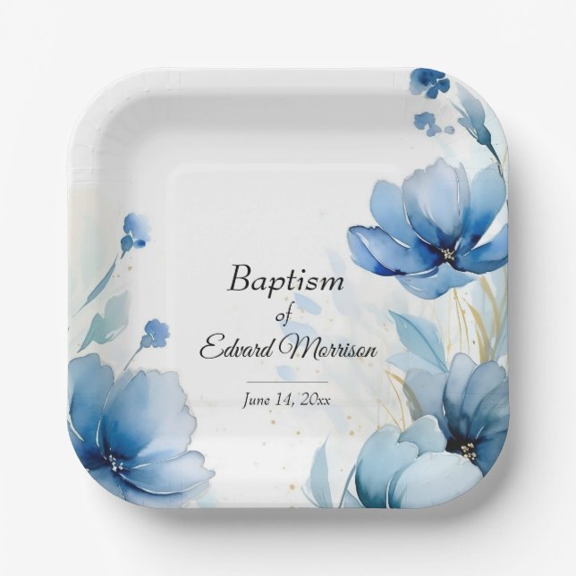 Elegant floral Dusty Blue Baptisse Pappteller (Vorderseite)
