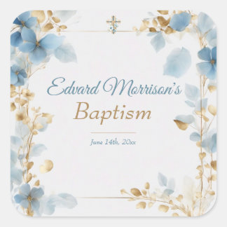 Elegant floral Dusty Blue Baptisse Quadratischer Aufkleber