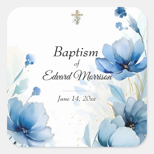 Elegant floral Dusty Blue Baptisse Quadratischer Aufkleber (Vorderseite)