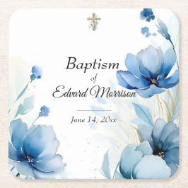 Elegant floral Dusty Blue Baptisse Rechteckiger Pappuntersetzer