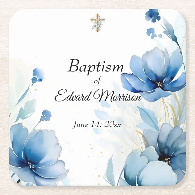 Elegant floral Dusty Blue Baptisse Rechteckiger Pappuntersetzer (Vorderseite)