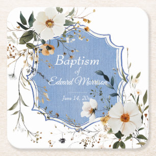 Elegant floral Dusty Blue Baptisse Rechteckiger Pappuntersetzer