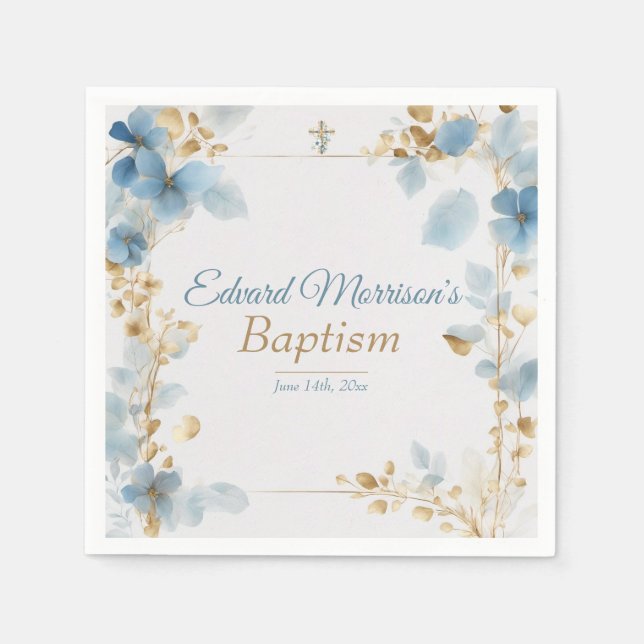 Elegant floral Dusty Blue Baptisse Serviette (Vorderseite)