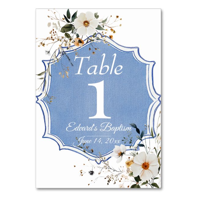 Elegant floral Dusty Blue Baptisse Tischnummer (Vorderseite)