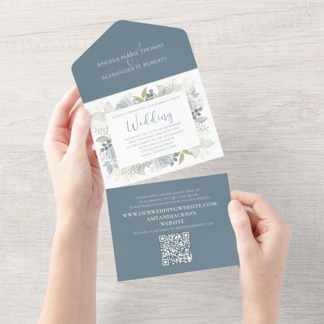 Elegant floral Dusty Blue Classic Greenery QR Code All In One Einladung (Abreißen)