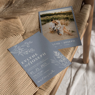 Elegant Floral Dusty Blue Herbal Boho Wedding Einladung