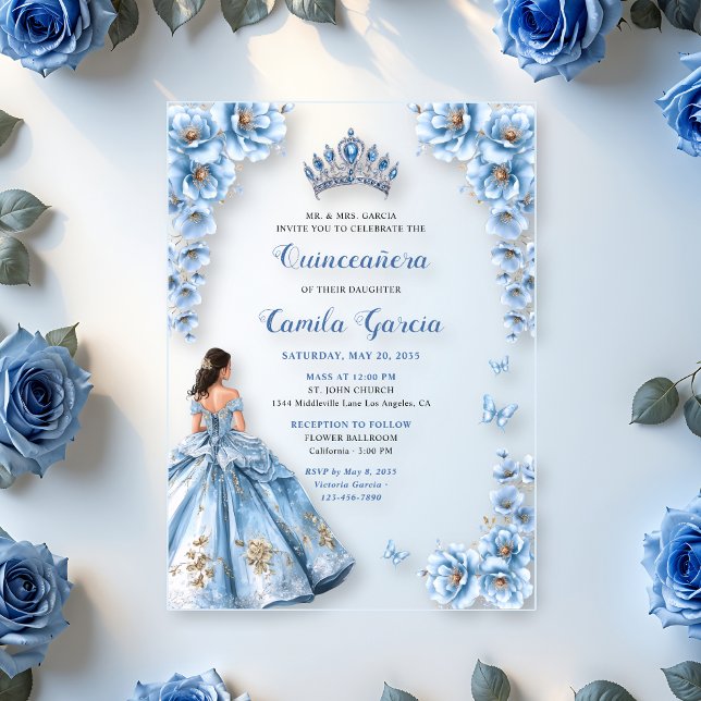 Elegant Floral Dusty Blue Princess Quinceañera Acryleinladungen (Von Creator hochgeladen)