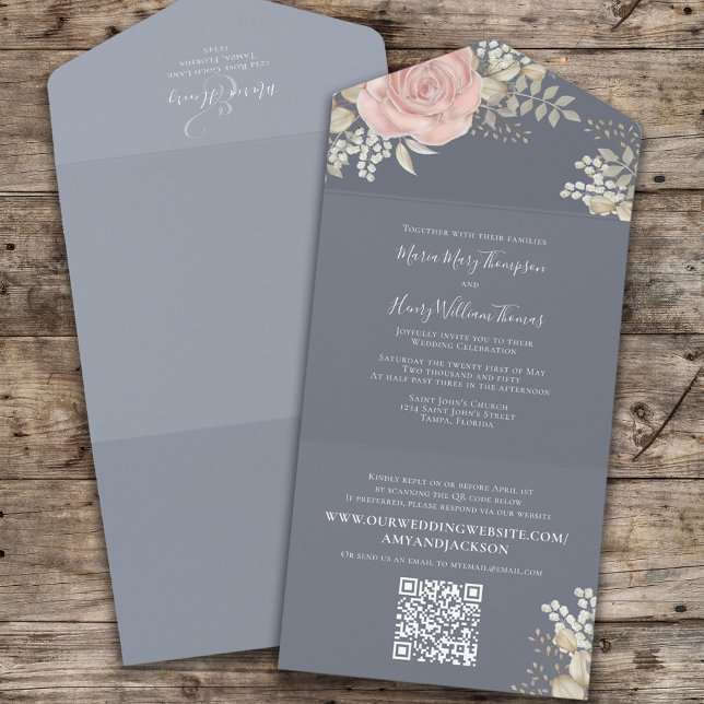 Elegant Floral Dusty Blue Wedding All In One Einladung (Von Creator hochgeladen)