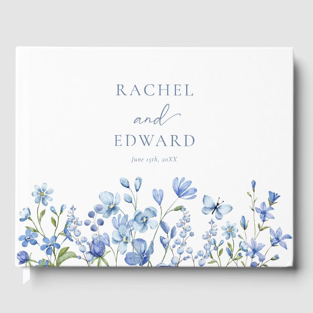 Elegant Floral Dusty Blue Wedding Gästebuch (Vorderseite)