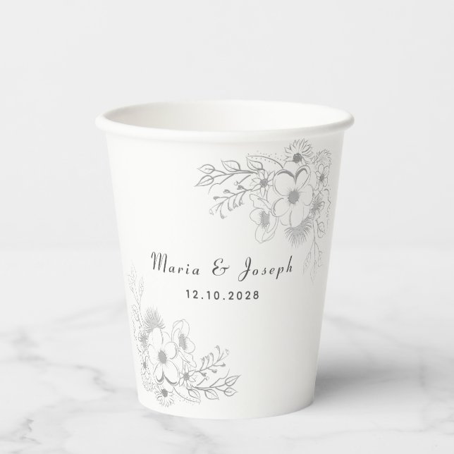 Elegant floral Dusty Blue Wedding Paper Cups Pappbecher (Vorderseite)