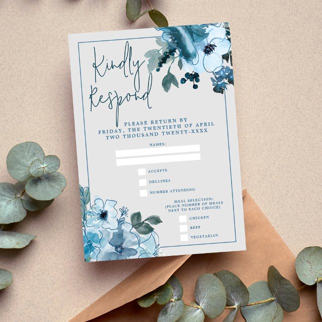 Elegant Floral Dusty Blue Wedding RSVP Karte (Von Creator hochgeladen)