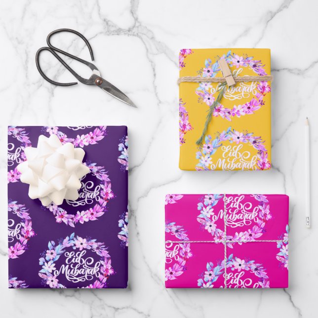 Elegant Floral Eid Mubarak Geschenk Geschenkpapier Set (Vorderseite)
