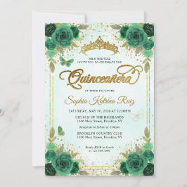 Elegant Floral Emerald Green Glam Gold Quinceañera Einladung