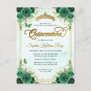 Elegant Floral Emerald Green Glam Gold Quinceañera Postkarte