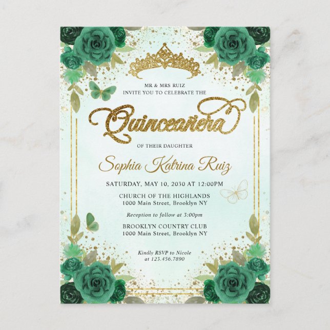 Elegant Floral Emerald Green Glam Gold Quinceañera Postkarte (Vorderseite)