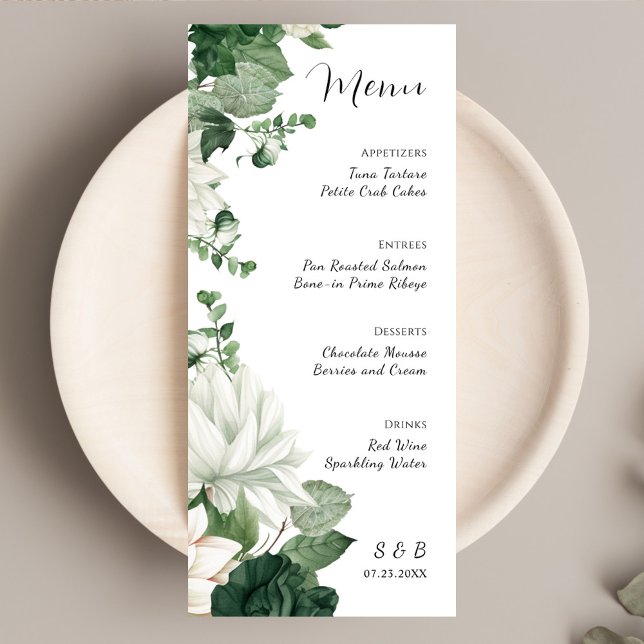 Elegant Floral Emerald Green Wedding Menükarte (Elegant Floral Emerald Green Wedding Menu)