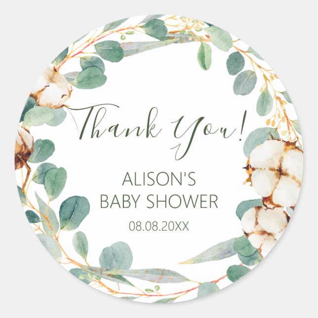 Elegant Floral Eucalyptus Greenery Baby Shower Runder Aufkleber (Vorderseite)
