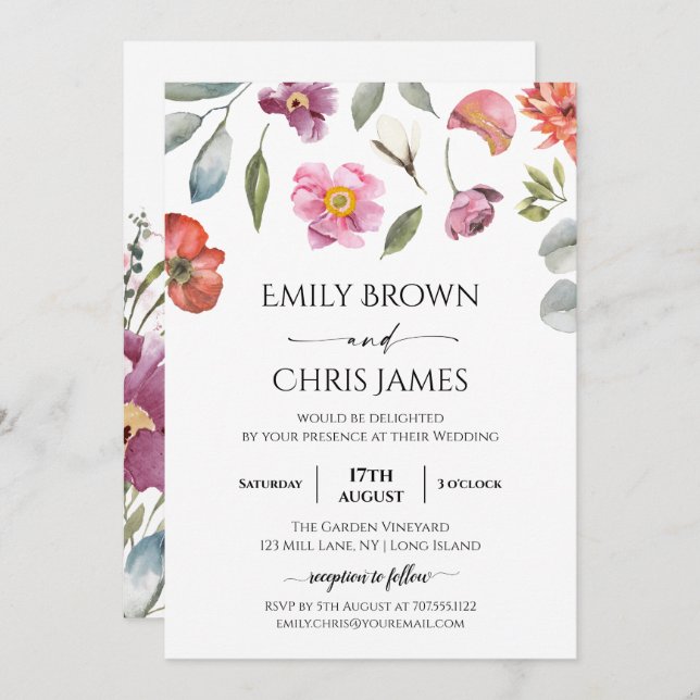 Elegant Floral Eucalyptus Wedding Einladung (Vorne/Hinten)