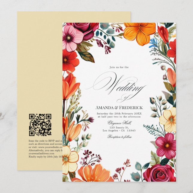 Elegant floral Fiesta Wedding mit QR Code Einladung (Vorne/Hinten)
