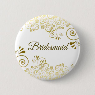 Elegant Floral Filigree Gold Bridesmaid Wedding Button