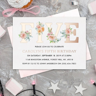 Elegant Floral FIVE 5. Geburtstag Real Folieneinladung
