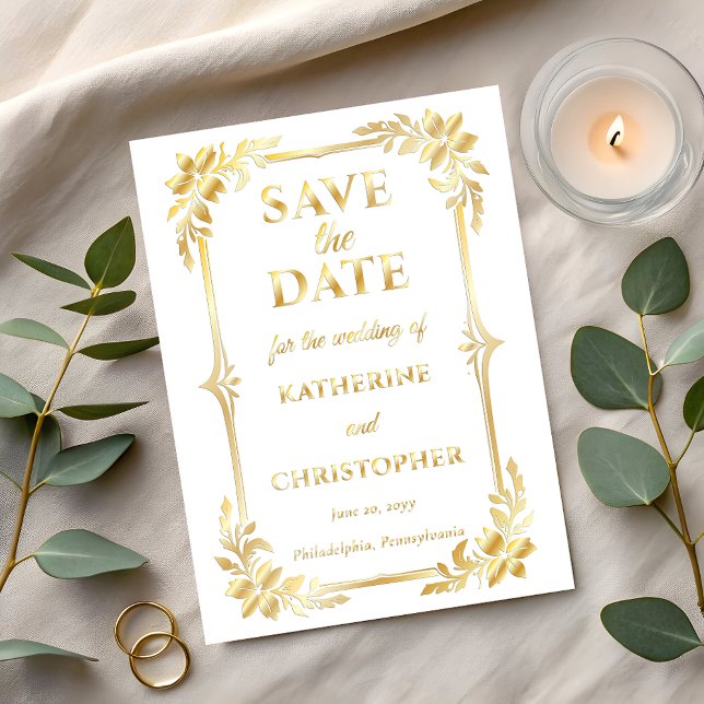Elegant Floral Frame Photo Wedding Save the Date Folieneinladung (Elegant Floral Frame Photo Wedding Gold Foil Save the Dates )