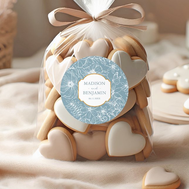 Elegant Floral Garden Gold Dusty Blue Wedding Runder Aufkleber (Von Creator hochgeladen)