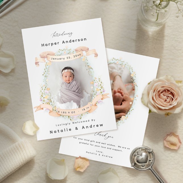 Elegant Floral Gender Neutral Newborn Baby Birth Ankündigung (Elegant Floral Gender Neutral Newborn Baby Birth Announcement)
