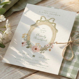Elegant Floral Girl Sage Bow Framed Baby Shower Einladung