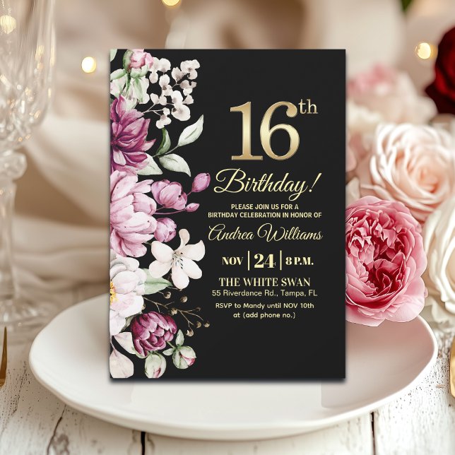 Elegant Floral Gold 16 Birthday Party Einladung (Von Creator hochgeladen)