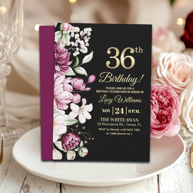 Elegant Floral Gold 36 Birthday Party Einladung (Von Creator hochgeladen)