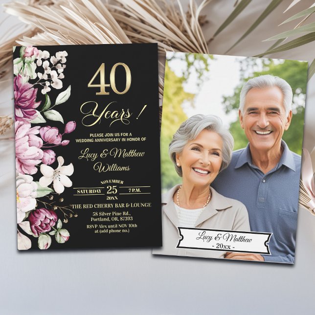Elegant Floral Gold 40th Wedding Anniversary Photo Einladung (Von Creator hochgeladen)