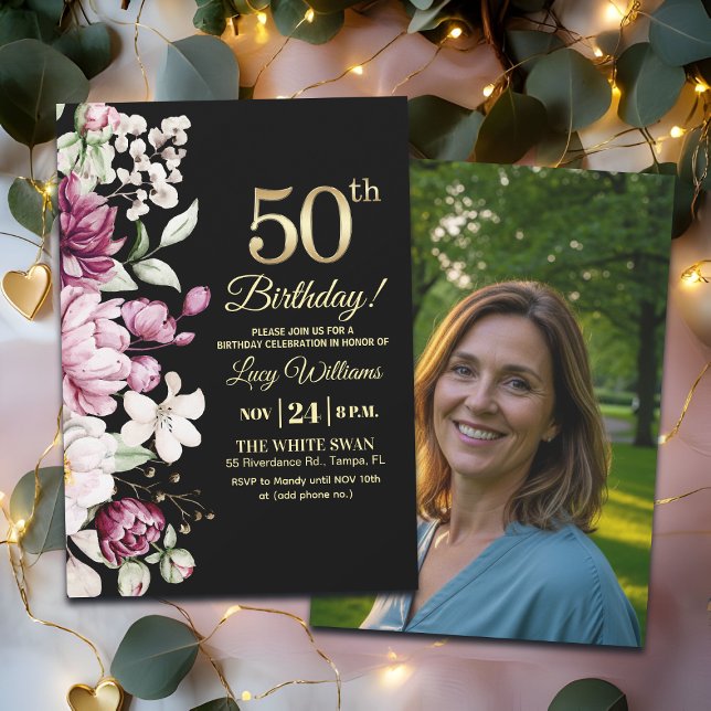 Elegant Floral Gold 50 Birthday Photo Einladung (Von Creator hochgeladen)