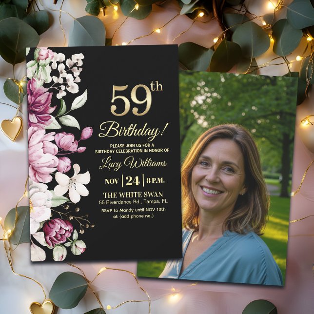 Elegant Floral Gold 59 Birthday Photo Einladung (Von Creator hochgeladen)