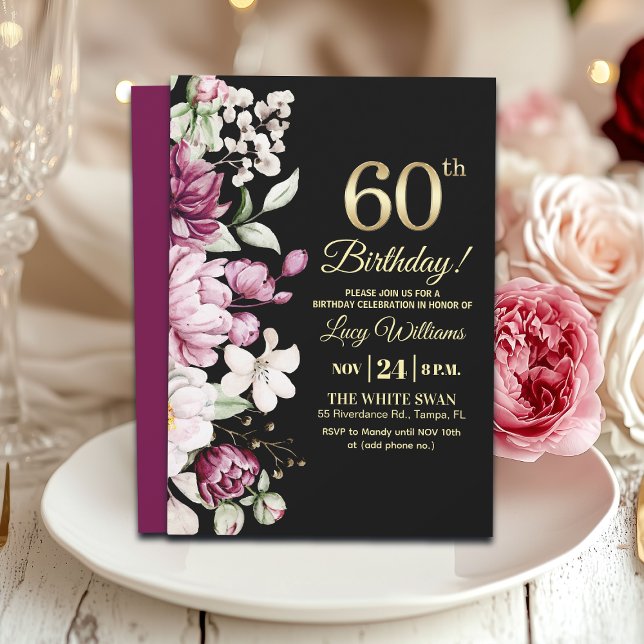 Elegant Floral Gold 60 Birthday Party Einladung (Von Creator hochgeladen)