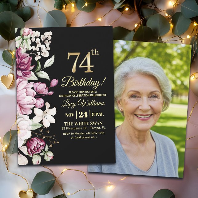 Elegant Floral Gold 74 Birthday Photo Einladung (Von Creator hochgeladen)