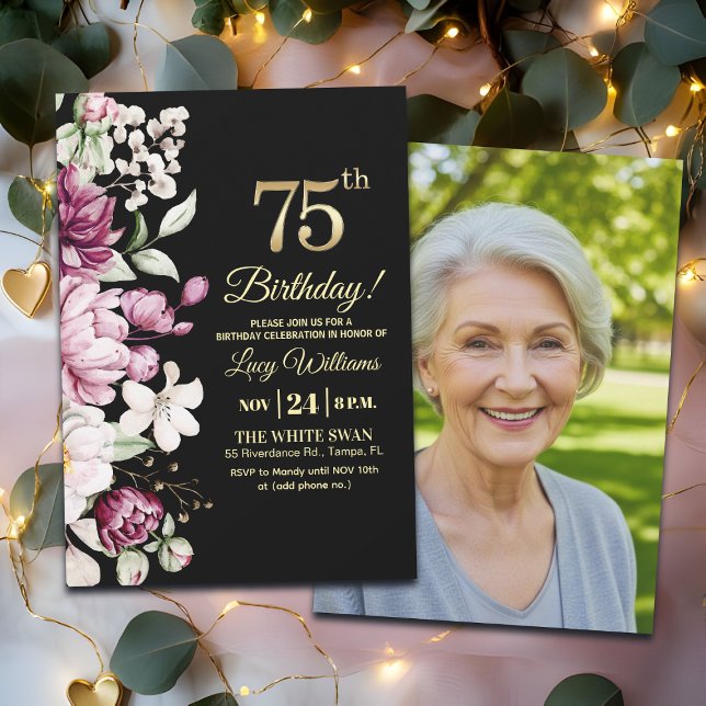 Elegant Floral Gold 75 Birthday Photo Einladung (Von Creator hochgeladen)