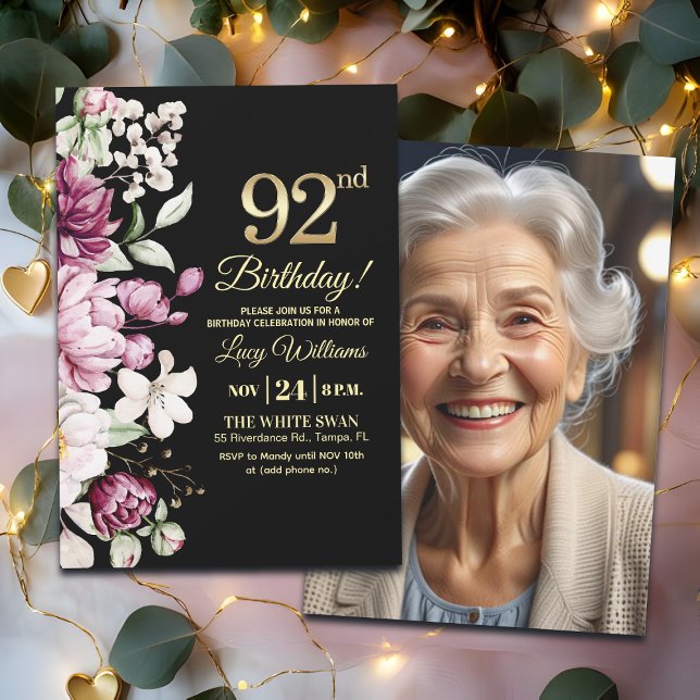 Elegant Floral Gold 92 Birthday Photo Einladung (Von Creator hochgeladen)