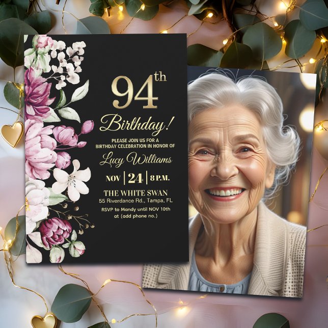 Elegant Floral Gold 94 Birthday Photo Einladung (Von Creator hochgeladen)