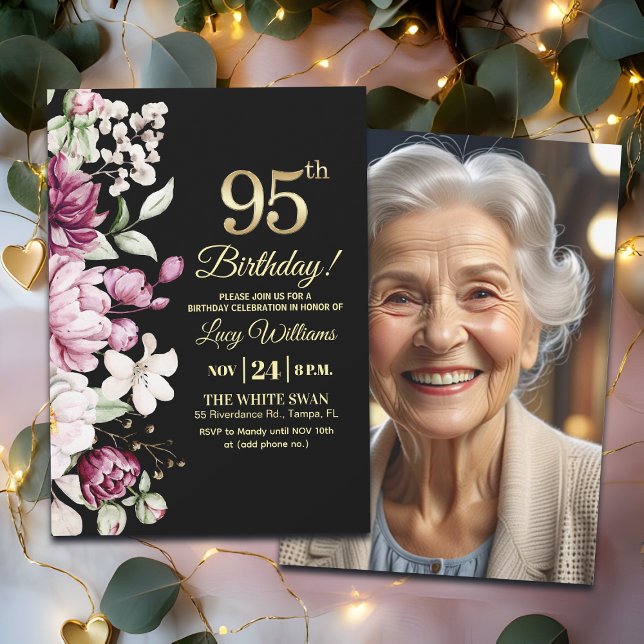 Elegant Floral Gold 95 Birthday Photo Einladung (Von Creator hochgeladen)