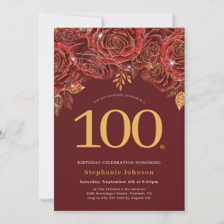 Elegant Floral Gold Burgund 100. Geburtstag Einladung