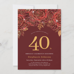 Elegant Floral Gold Burgund 40. Geburtstag Einladung
