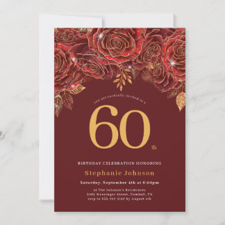 Elegant Floral Gold Burgund 60. Geburtstag Einladung