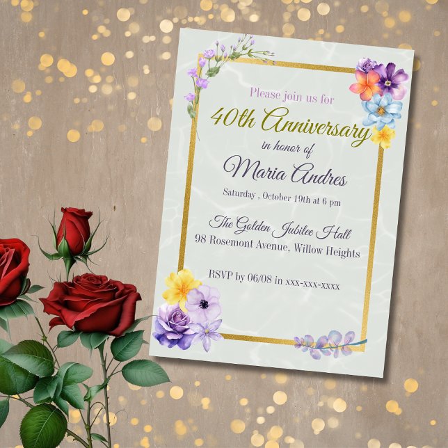 Elegant Floral Gold Frame 40th Birthday Invitation Einladung (Von Creator hochgeladen)