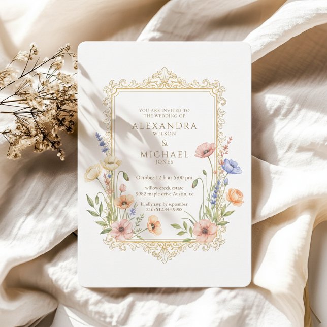 Elegant Floral Gold Frame Wedding Invitation Einladung (Luxury floral wedding invitation inspired by classic European elegance)