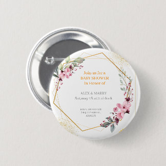 Elegant Floral Gold Geometric Baby Shower Invitati Button