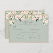 Elegant Floral Gold Green Script Wedding RSVP