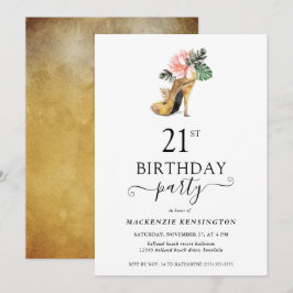 Elegant floral Gold High Heels 21. Geburtstag Einladung