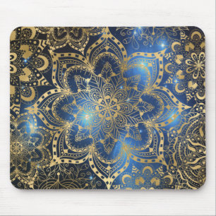 Elegant Floral Gold Mandala Blue Galaxy Mousepad