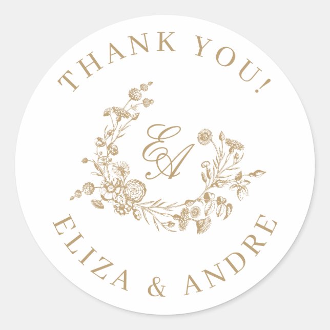 Elegant Floral Gold Monogram Wedding Vielen Dank Runder Aufkleber (Vorderseite)